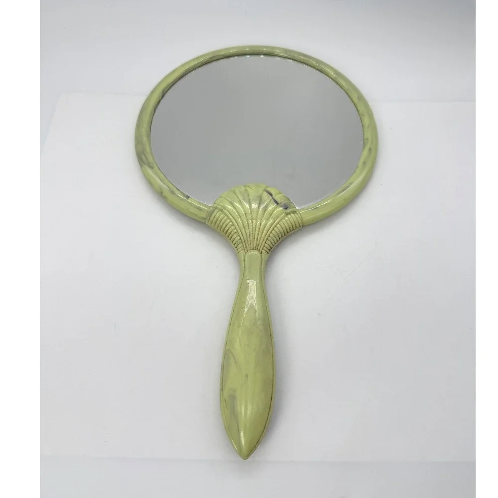 Vintage Art Deco Style Marbled Lime Green Shell Hand Mirror Vanity Accessory